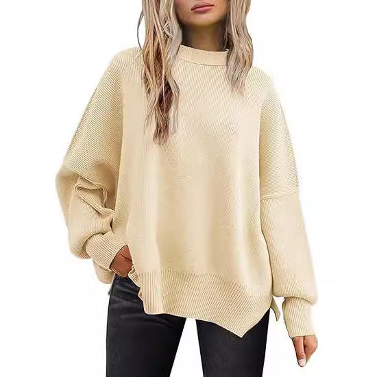 Thick Needle Side Slit Sweater Round Neck Loose Solid Color Batwing Long Sleeve Sweater for Women