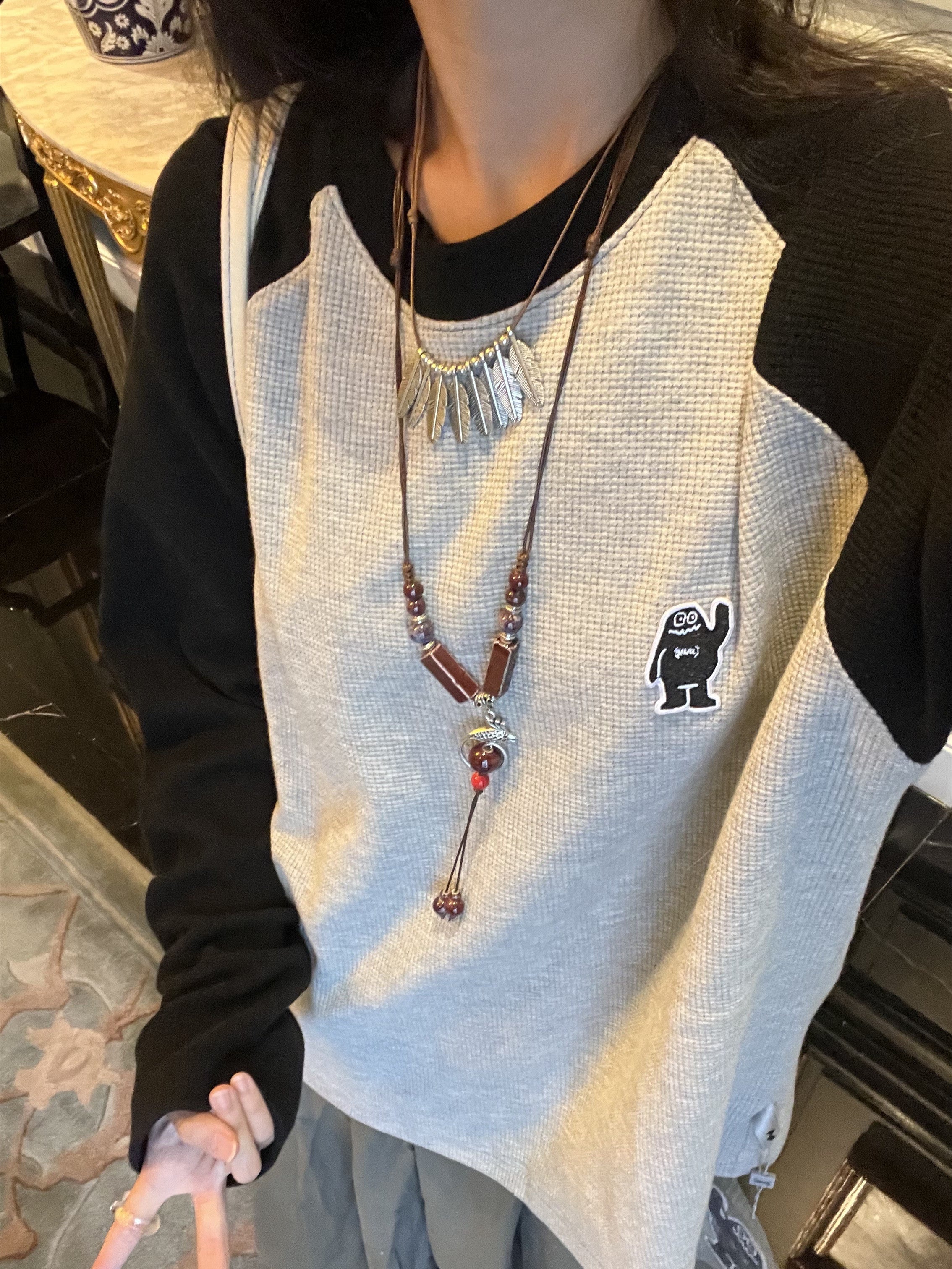 Waffle Long Sleeve T-shirt Women's Vintage Round Neck