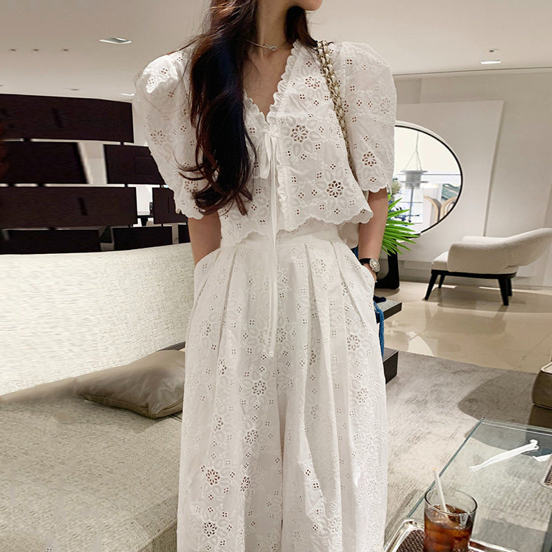 Embroidered Top High Waist Pleated Skirt Two-piece Set