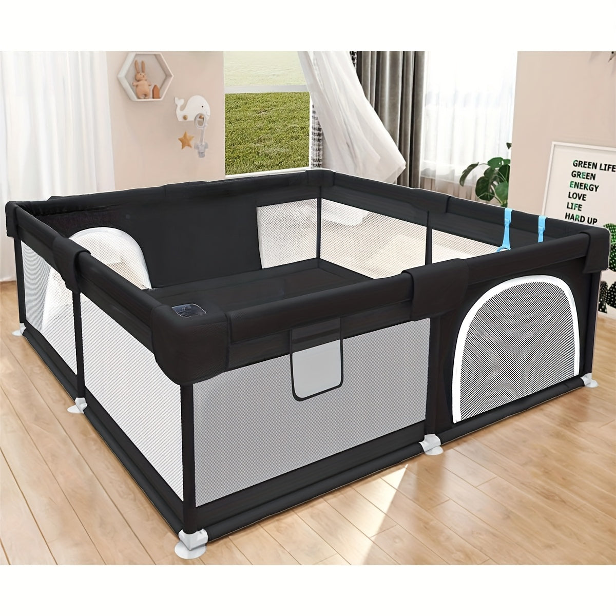 47.24"x47.24" Dog Playpen with Door - Durable Metal Frame & Soft Mat Floor, Removable Mesh Panels & Adjustable Blue Straps for Indoor/Outdoor Use - Easy Assembly Pet Fence for