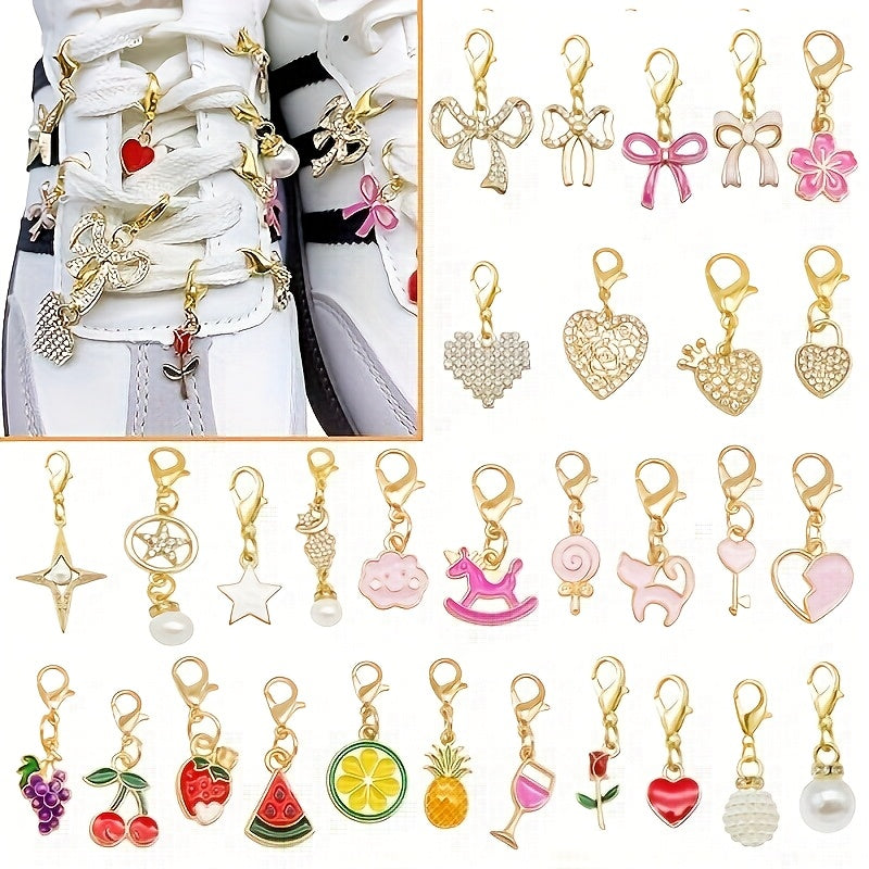 30‑Pack Golden‑Tone Shoe Charms – Handmade Bow Pendants with Lobster Clasp for Sneaker Laces