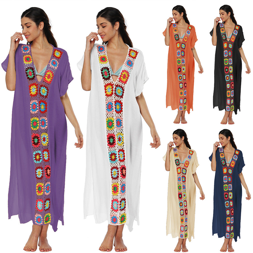 Hand-Knitted Patchwork Slit Maxi Dress
