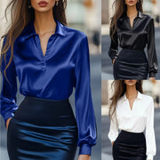 Spring Autumn Fashion Commuting Satin V-neck Long-sleeved Shirt Casual Loose Blouse Office Women Shirts Solid Color Elegant Lady Solid Simple Tops