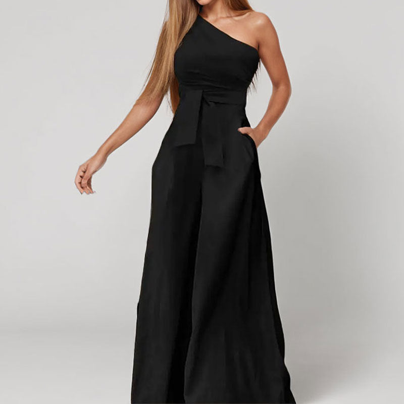 Solid Color Straight-leg Pants Strapless Lace-up Jumpsuit For Women