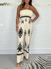Summer Womens New Fashionable Printed Tube Top Jumpsuit With Wide-Leg Pants