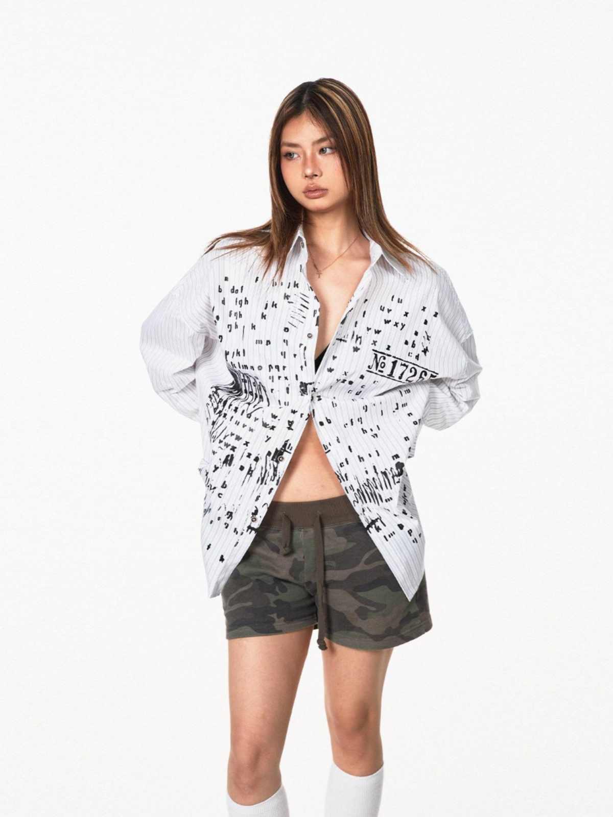 Letter Printed Striped Long-sleeved Shirt Women's Shirt Jacket