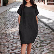 Casual Womens Solid-color Loose-fit Short-sleeve Cotton-linen Dress