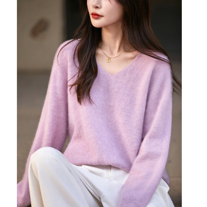V-neck Cashmere Knit Women's Loose-fit Sweater
