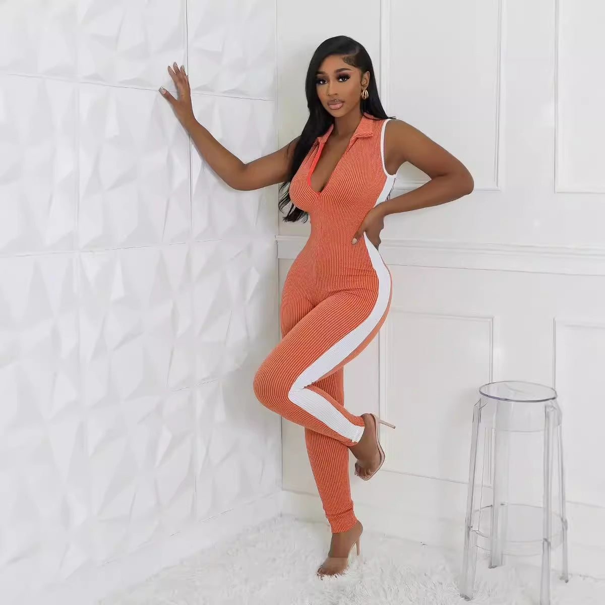 Fashion Zipper Stripe Stitching Jumpsuit