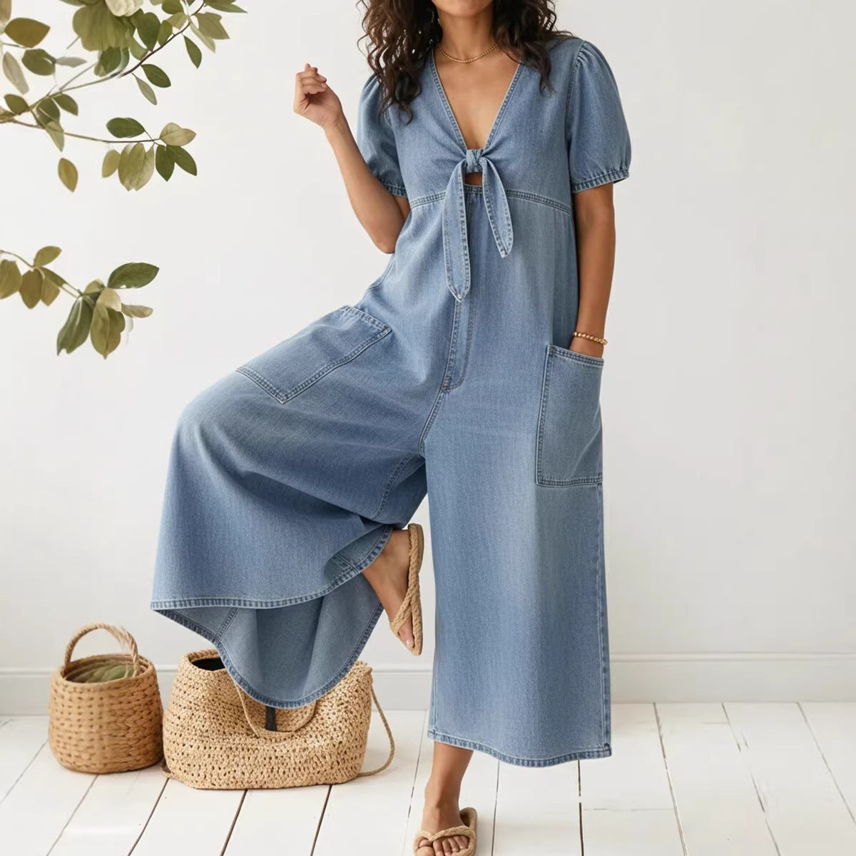Womens Short-Sleeve V-Neck Denim Jumpsuit