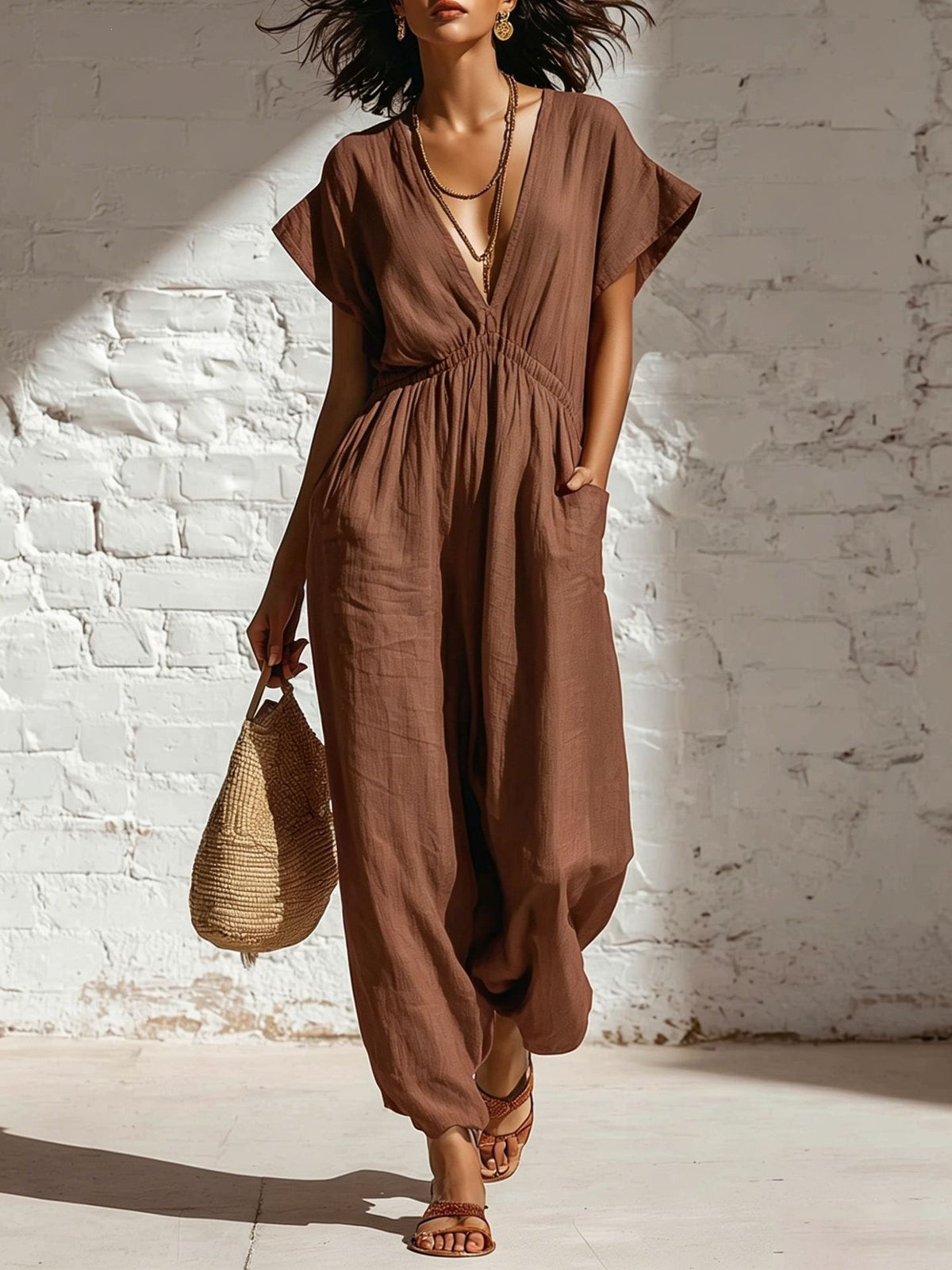Womens V-neck Relaxed-fit Waist-cinching Jumpsuit
