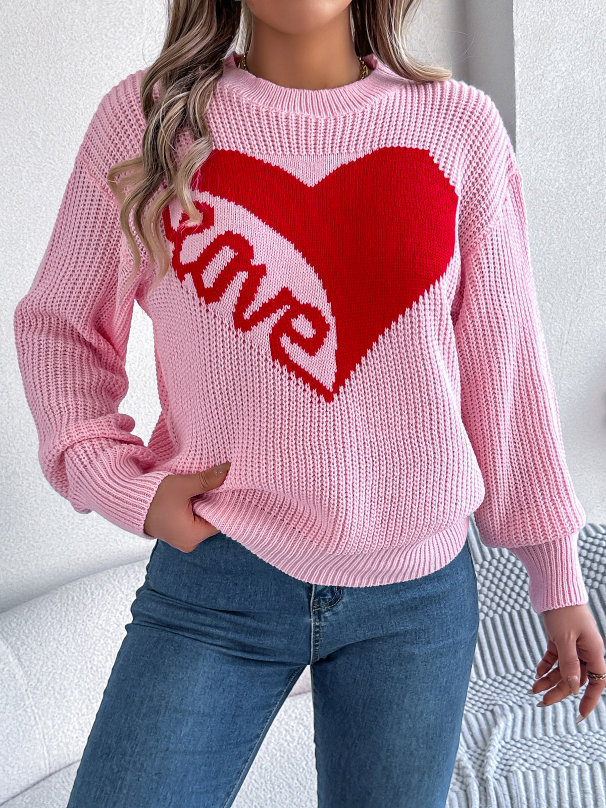 Women Casual Color Block Heart Love Long Sleeve Pullover Sweater