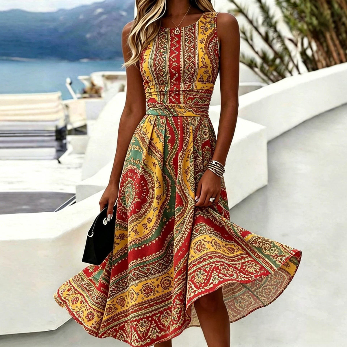 Retro Artistic Sleeveless Summer Midi Dress