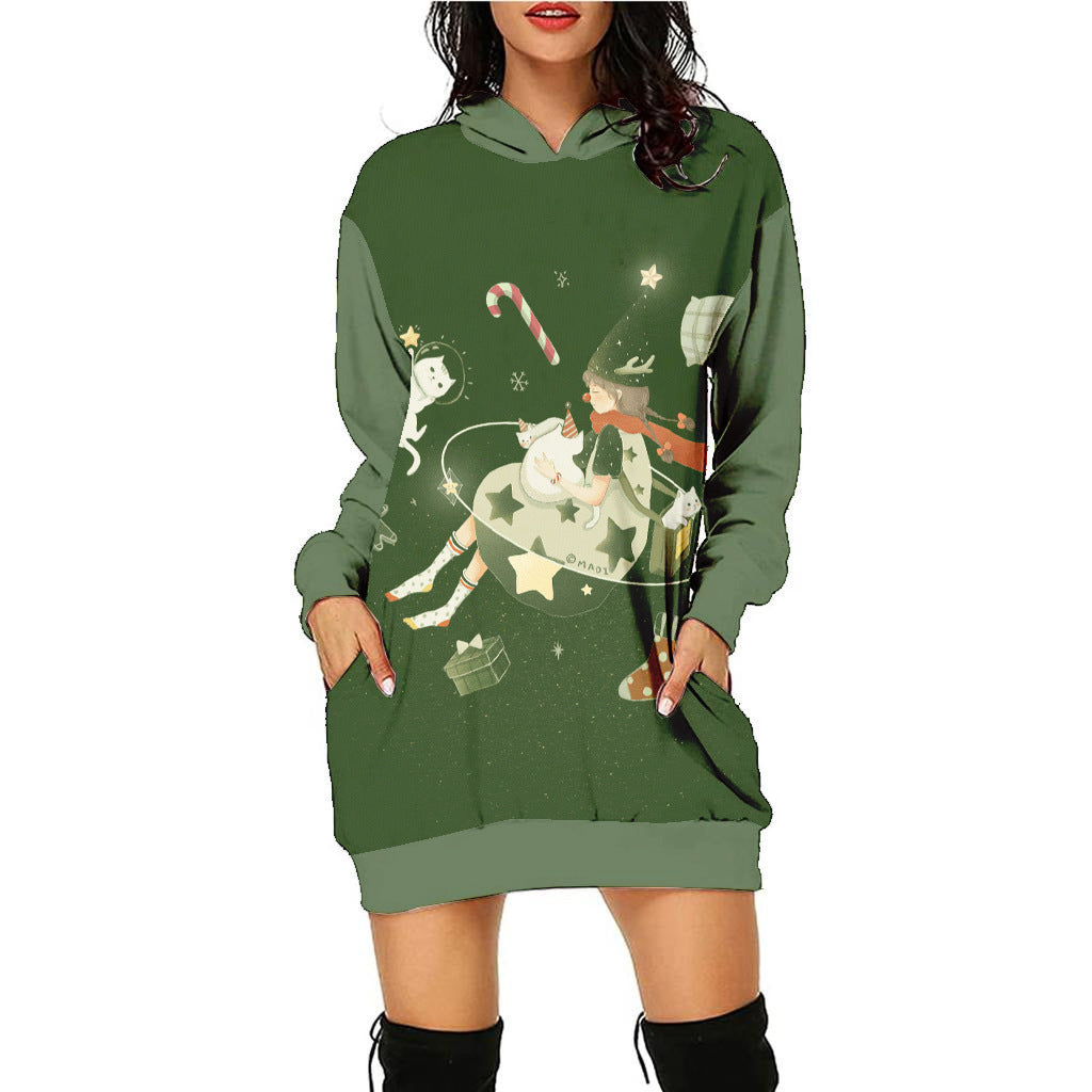 Festive Christmas Print Casual Holiday Sweater Dress