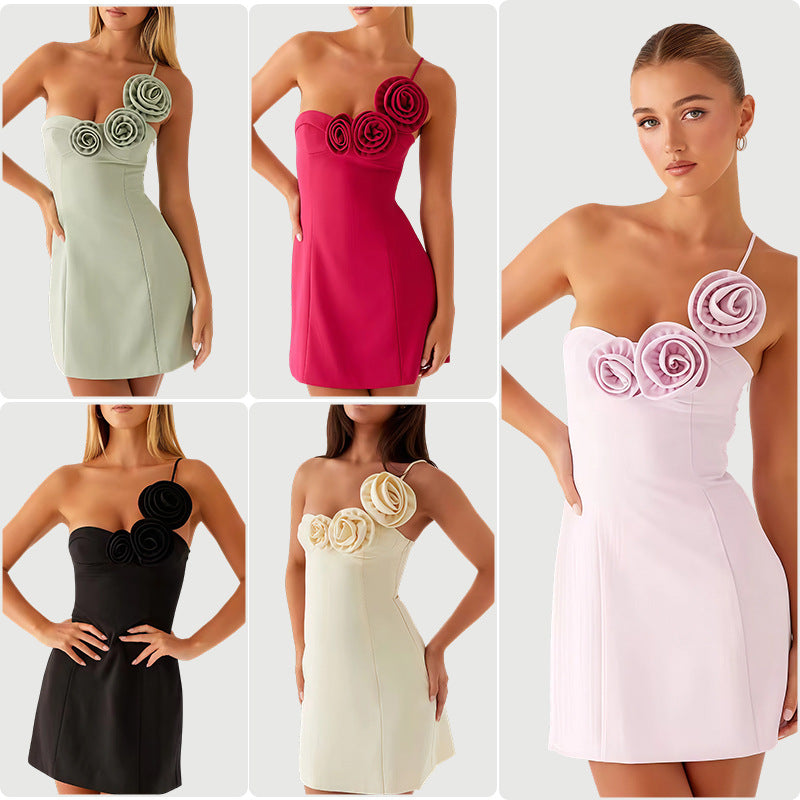 One-shoulder Dress with Three-dimensional Floral Embellishments