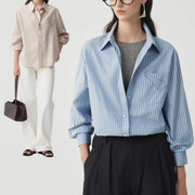 Cotton Yarn-dyed Blue-striped Long-sleeve Shirt