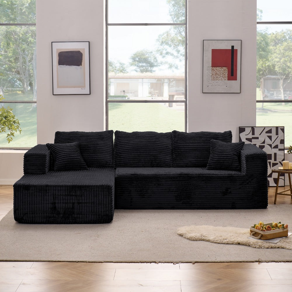 Modular L-shaped chaise longue sofa bed with deep seat and corduroy upholstery