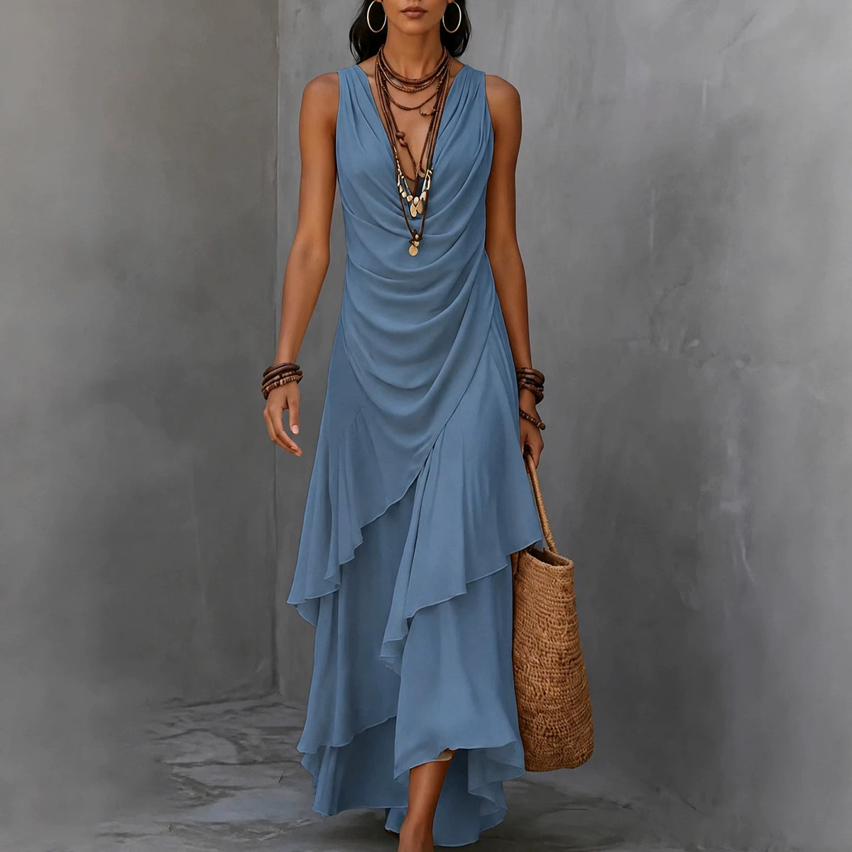 Sleeveless V-neck Dress with a Flounced, Asymmetrical Hem