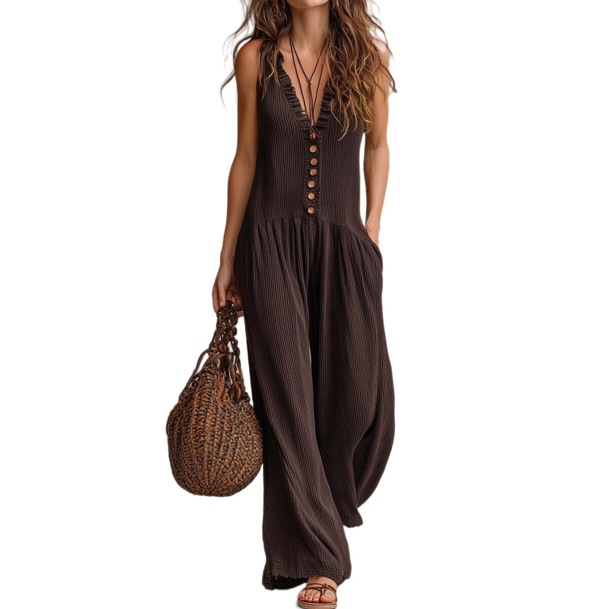Women's Loose V-Neck Sleeveless Wide-Leg Jumpsuit
