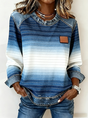 Denim Patchwork Casual Crew Neck Top for Women