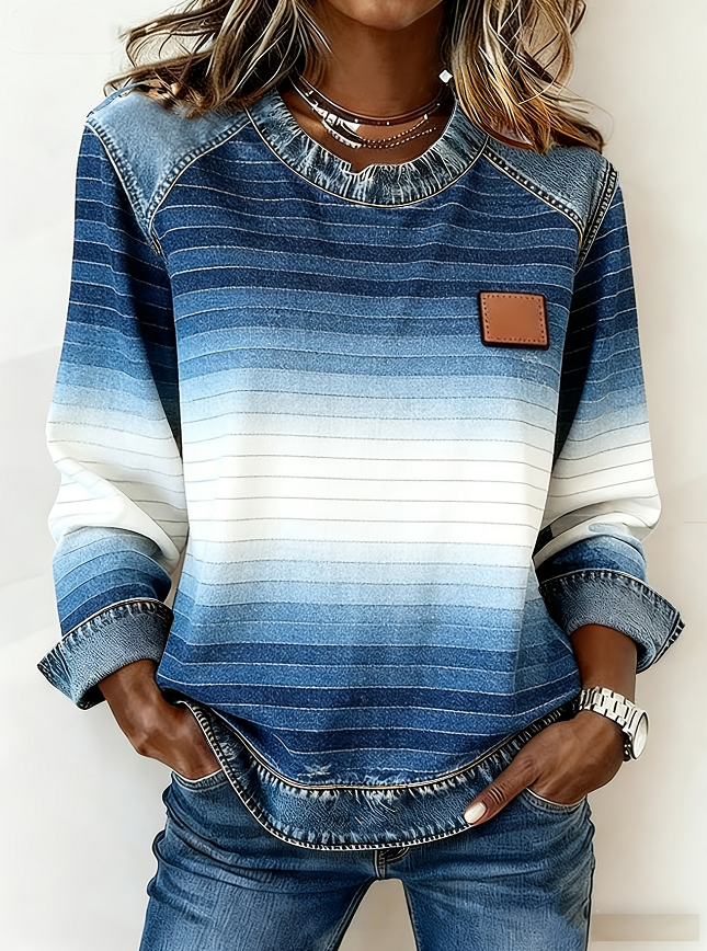Denim Patchwork Casual Crew Neck Top for Women