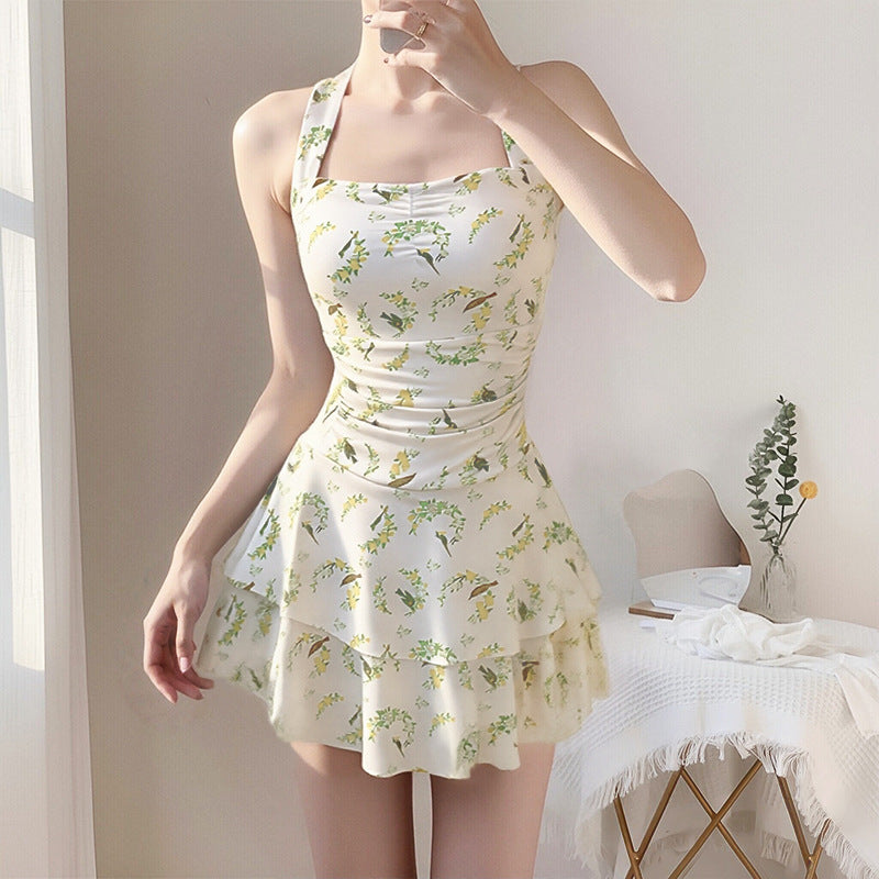 Womens Printed Halterneck Backless Bandage One-Piece Swimsuit