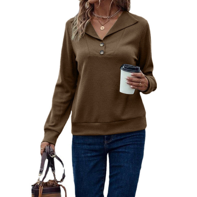 Casual Women's Waffle Collar Solid Single Breasted Long Sleeve Women