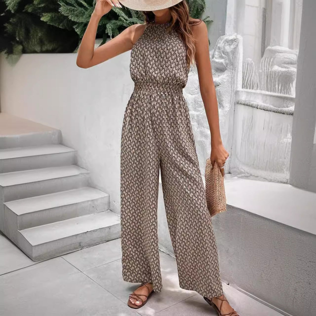 Chic Geometric Leopard Print Sleeveless Wide-Leg Jumpsuit