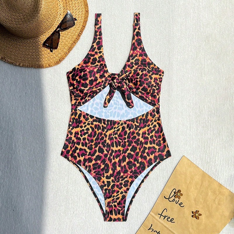 European And American Leopard-print Midriff-baring One-piece Swimsuit