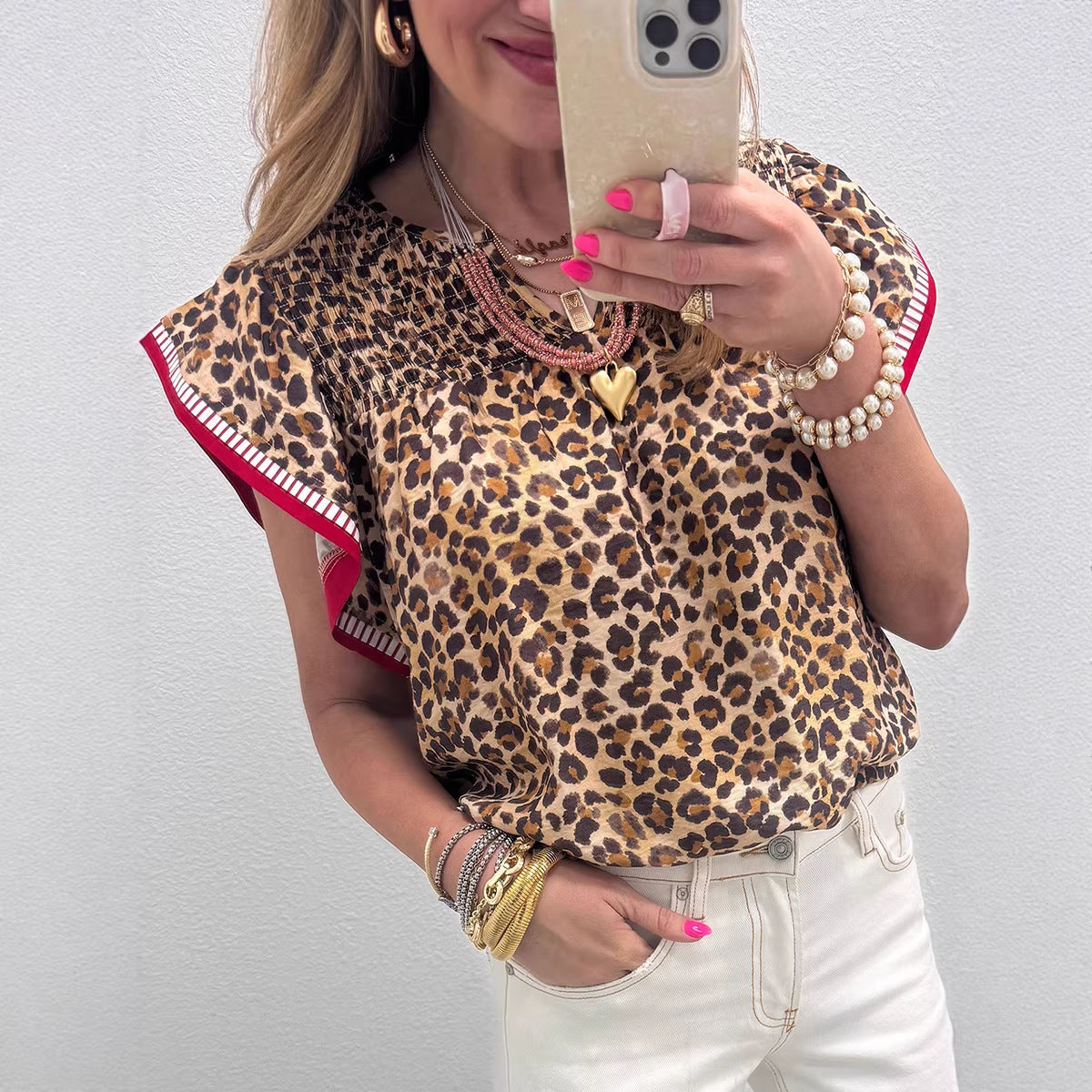 Leopard Print Ruffle‑Trim Chiffon Blouse – Flirty Short‑Sleeve Top
