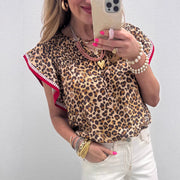 Leopard Print Ruffle‑Trim Chiffon Blouse – Flirty Short‑Sleeve Top