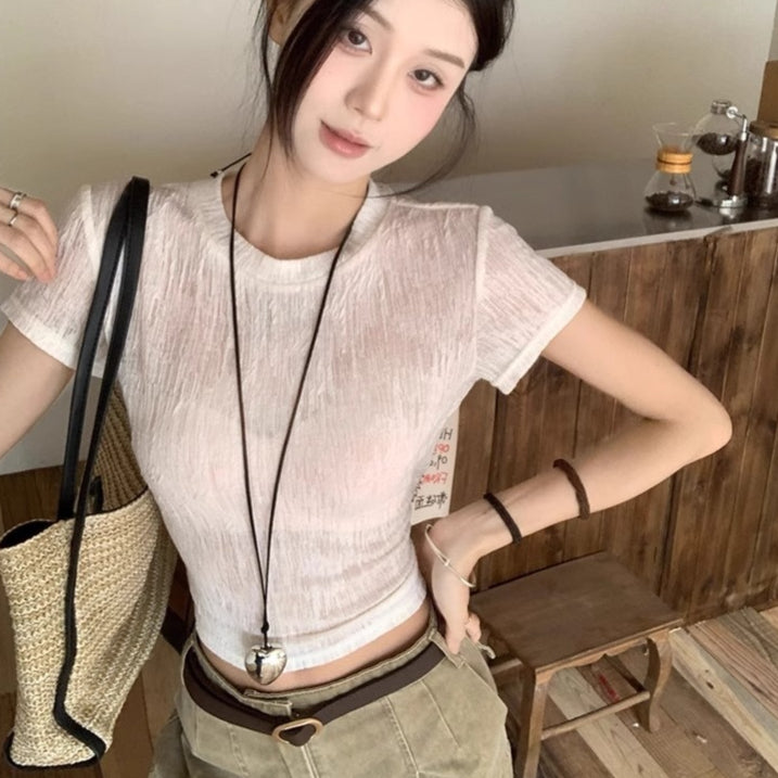 Hollow-Out Strap Ruffled Short-Sleeve Top – Apricot