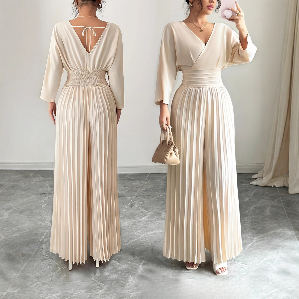 Elegant V-Neck High-Waist Pleated Jumpsuit