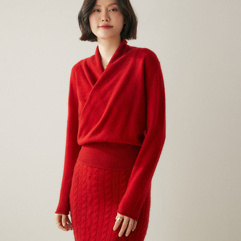 Women's Solid Color V-neck Cross Cashmere Sweater Top