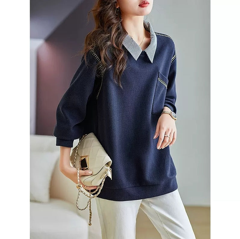 Women's Layered Polo Collar False Two-Piece Sweater