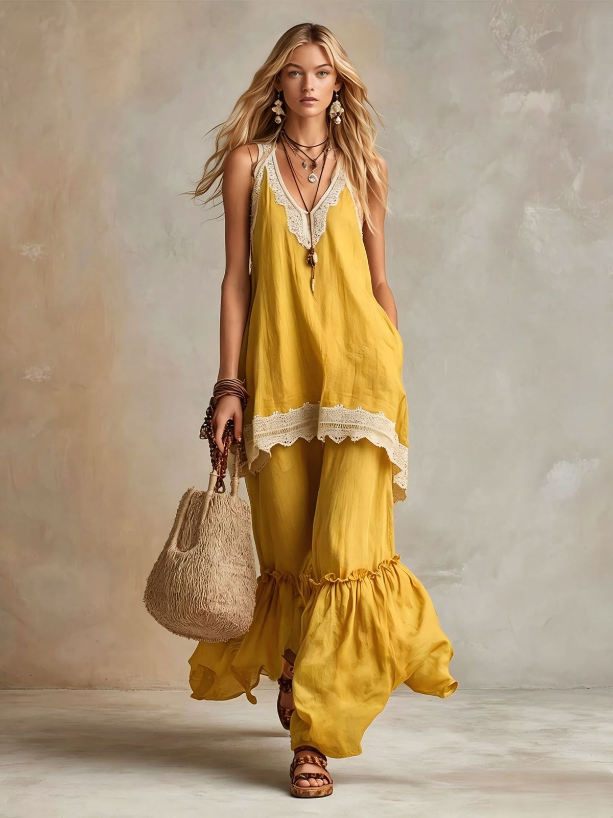 Boho Lace Cami & Wide Leg Pant Set