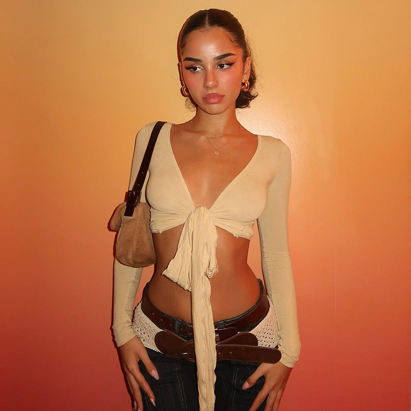 Pure Desire Strap Long-sleeved T-shirt Sexy Deep V-neck Short Blouse