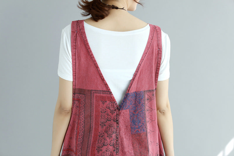 Printed Distressed Cropped Stitching Denim Suspender Pants