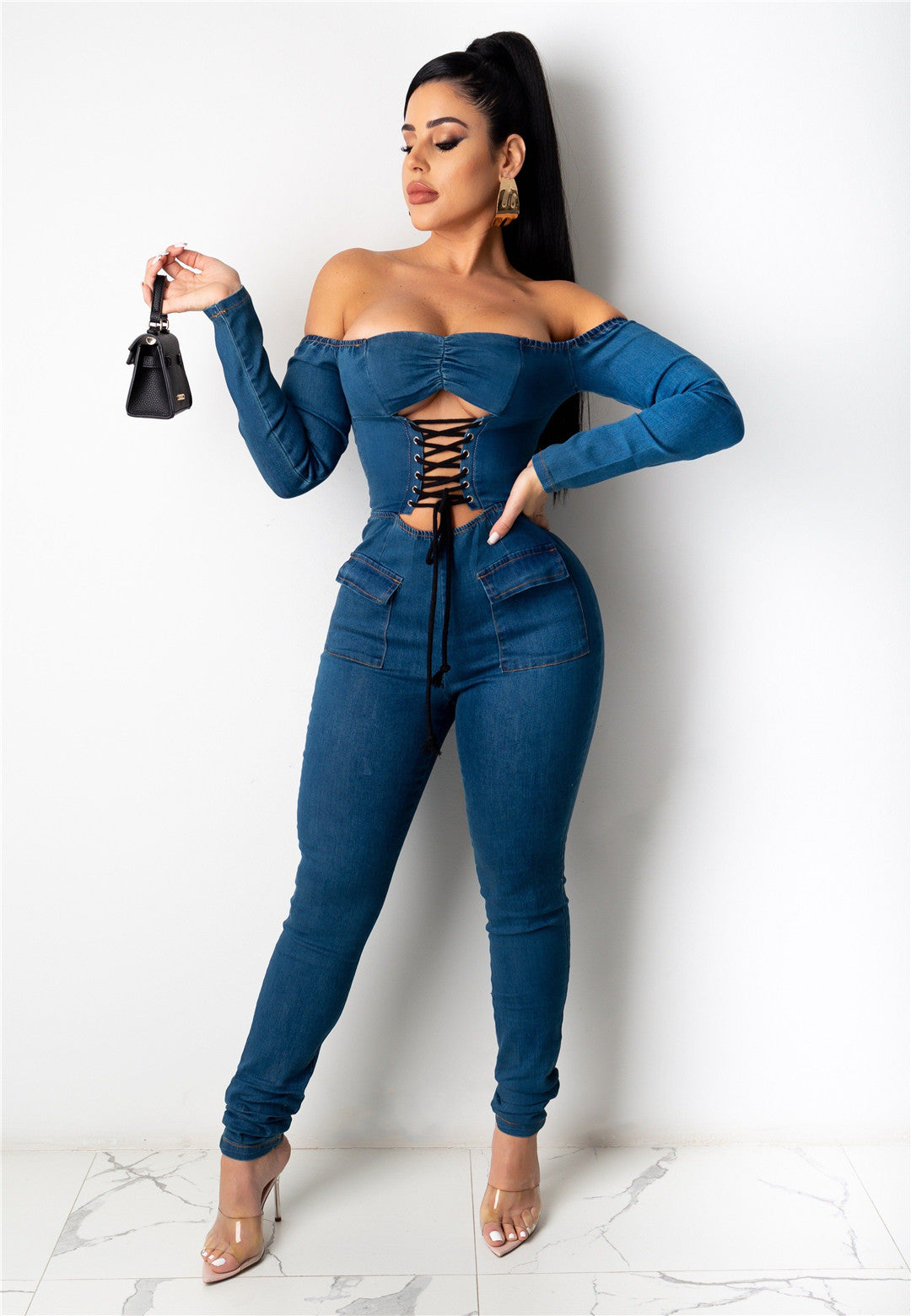 Women's Off-Shoulder Distressed Denim Jumpsuit
