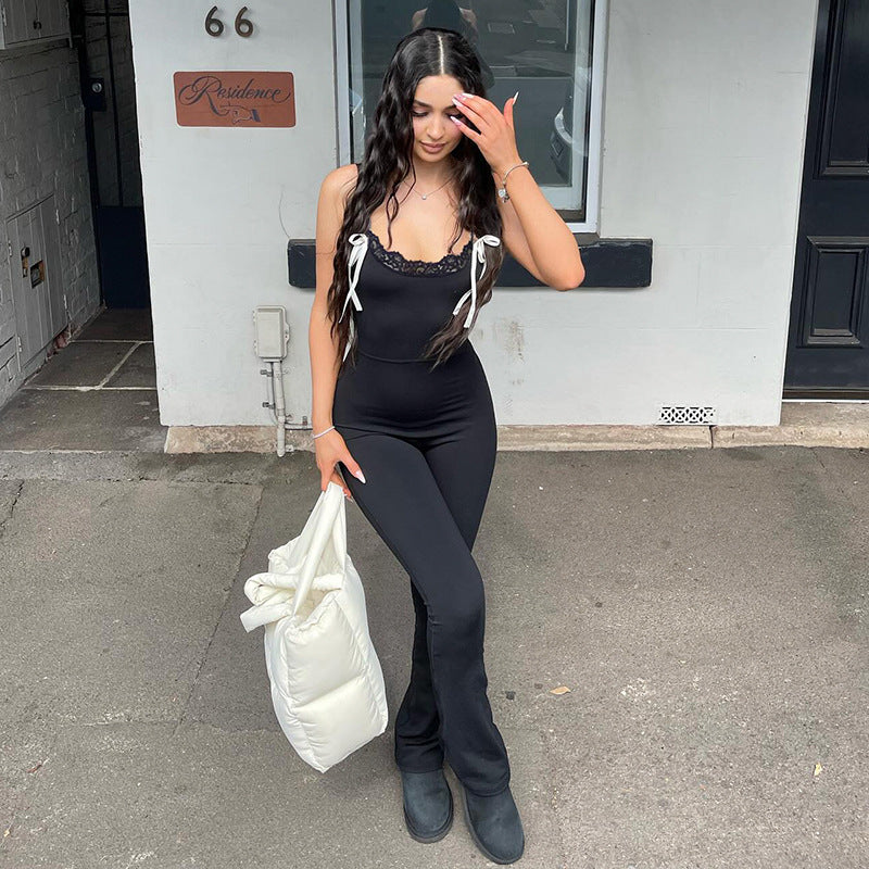 Lace-Trim Bow Jumpsuit Casual Flared Romper