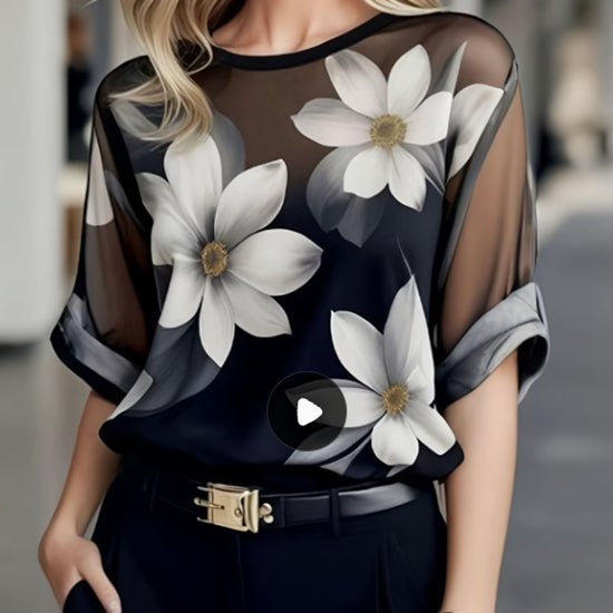 Floral Chiffon Crew Neck Shirt – Light, Breezy Summer Dress Shirt