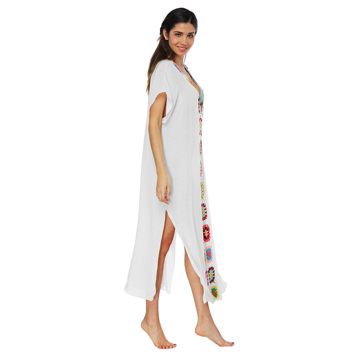 Hand-Knitted Patchwork Slit Maxi Dress