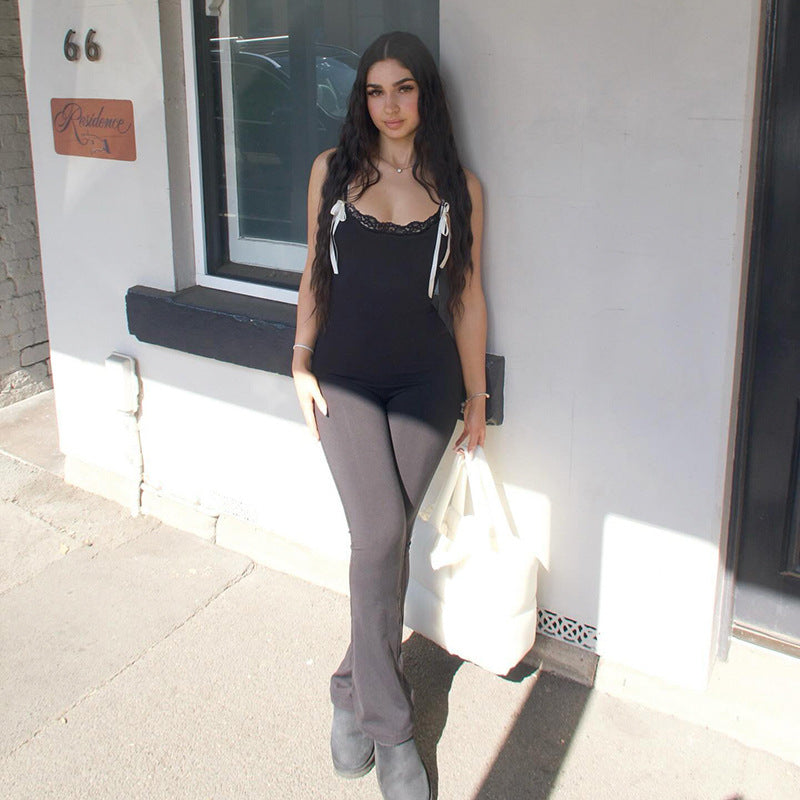 Lace-Trim Bow Jumpsuit Casual Flared Romper