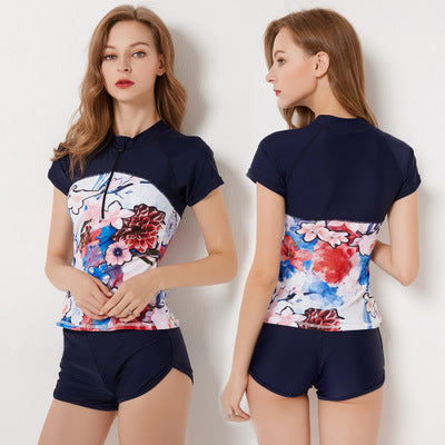 Women's Short Sleeve Conservative Split Swimsuit
