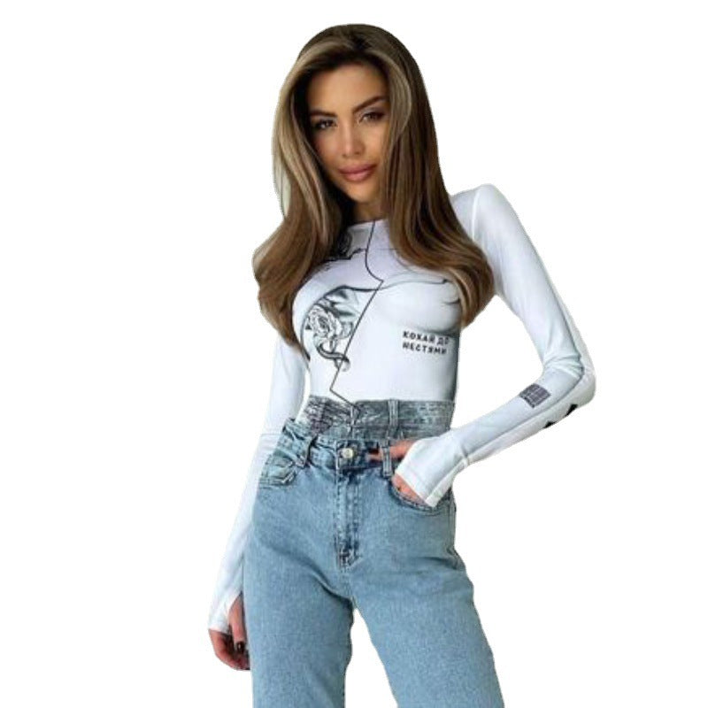 Chic Printed Long Sleeve Slim Bodysuit
