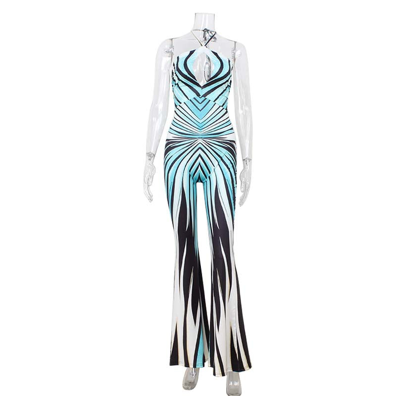 Chic Halter Neck Backless Printed Wide-Leg Jumpsuit