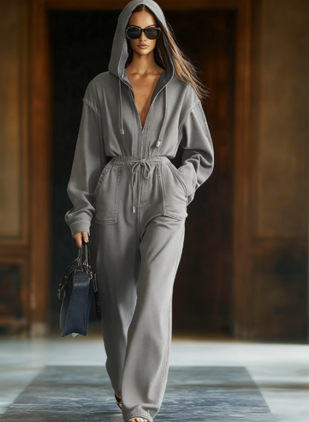 Women's Casual Hooded Zip Jumpsuit with Drawstring Waist