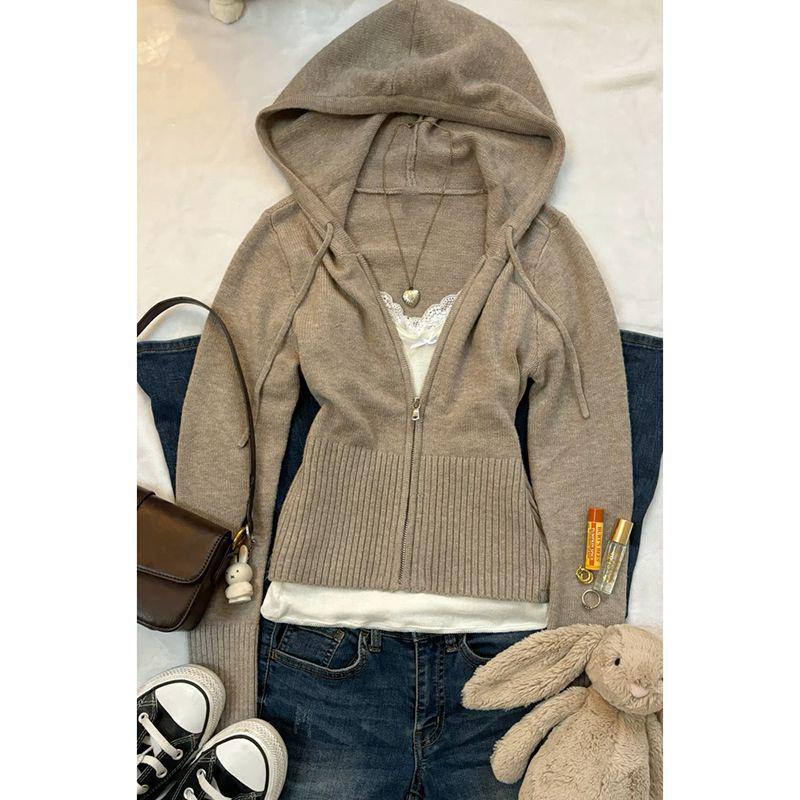 Slimming Flattering Hooded Zip Up Knit Cardigan