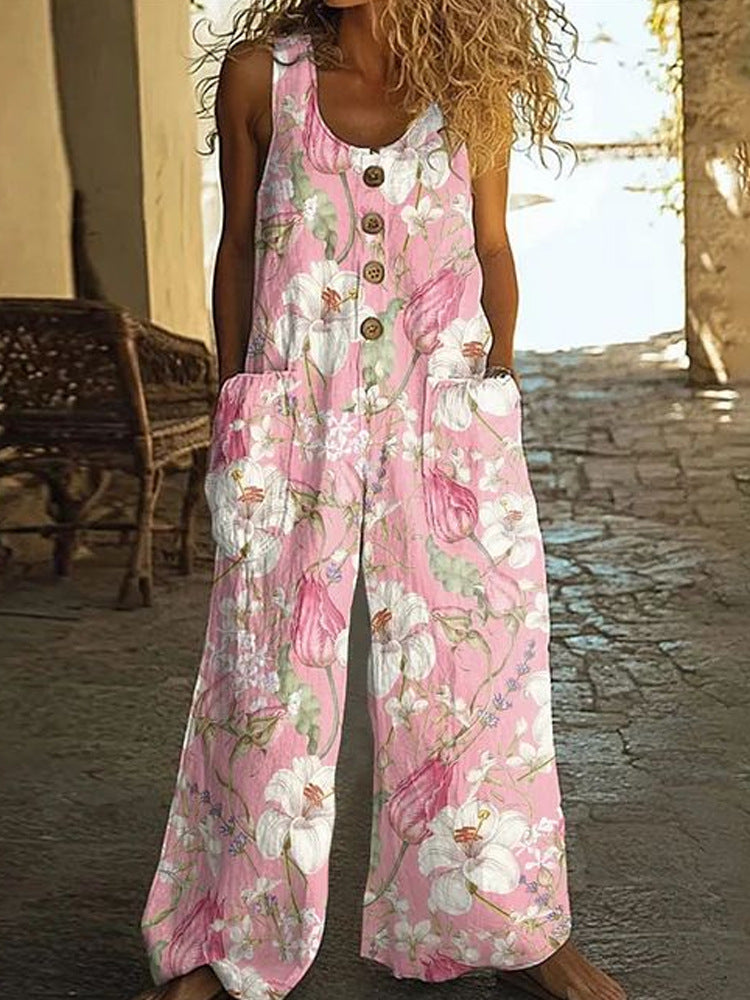 Women's Floral Sleeveless Pocket Jumpsuit