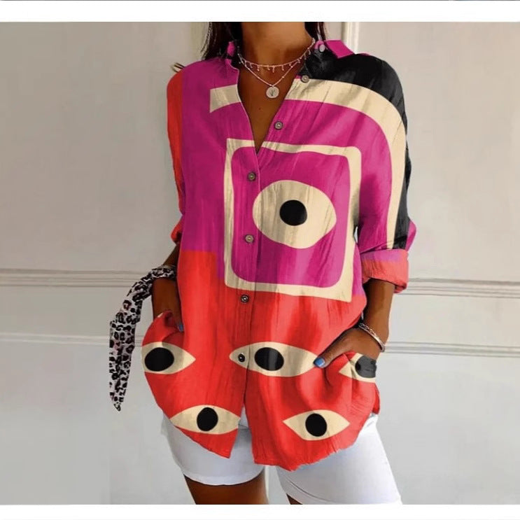 Women's 3D Digital Printing Fashion European And American Style Lapel Long Sleeve Shirt
